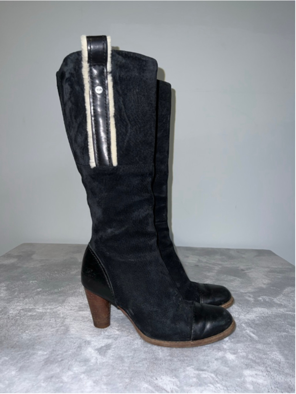 UGG Black Suede Heeled Boots with Sherpa Trim Size 7